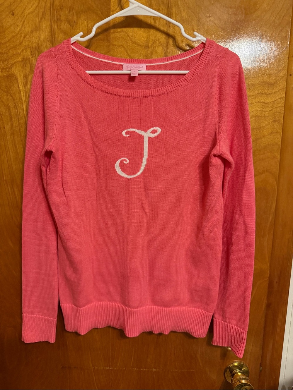 Lilly Pulitzer Coral Pink Crewneck Sweater with White Script Initial